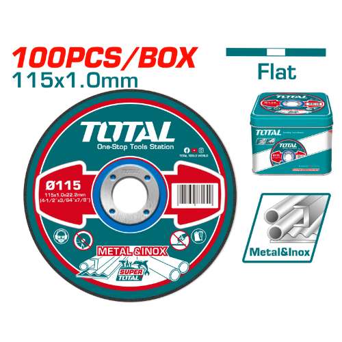 Total Tools 100Pcs Box Abrasive Metal Cutting Disc115x1.0mm Flat Center Inox (TAC210115100)